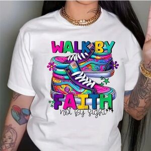 Faith & Footwear:Walk By Faith Letter Sneaker Print Crew Neck T-Shirt